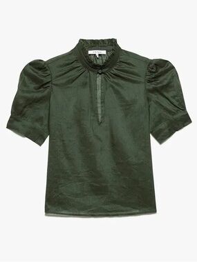 Frame Deep V Ruffle Collar Top Lightweight Fatigue Green Puff Sleeve XS